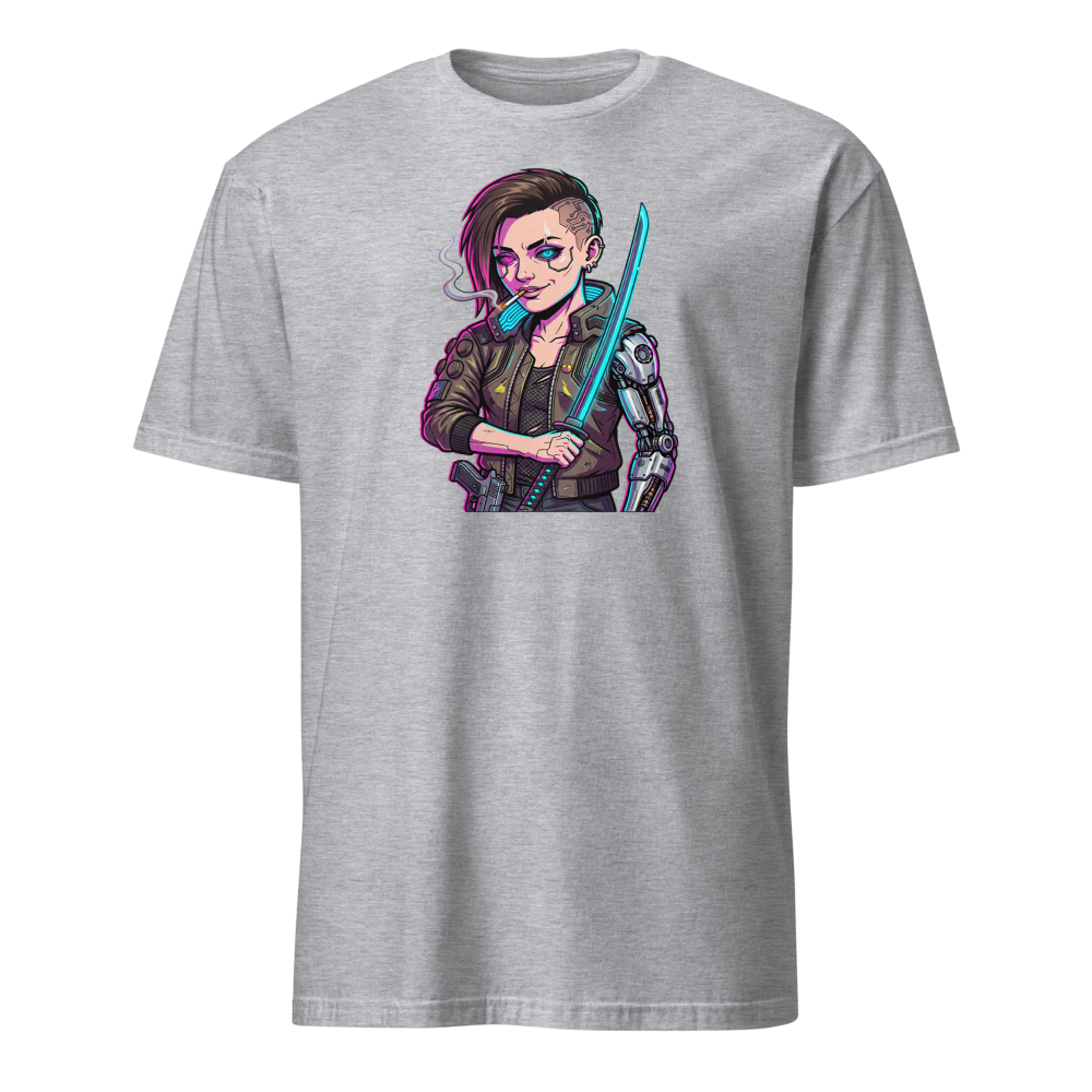 Neon Night City Chrome Merc Katana Tee — sport grey front view