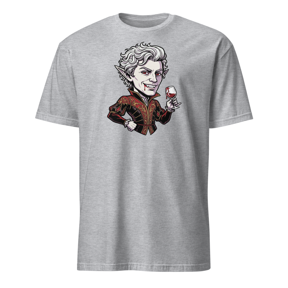 Smug Vampire Elf Rogue Comic Ink Tee — sport grey front view