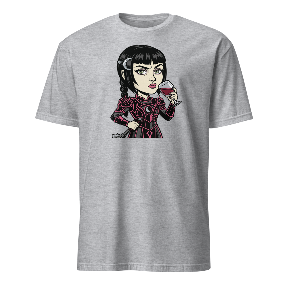 Moody Cleric Wine Judgment Comic Ink RPG Tee — sport grey front view