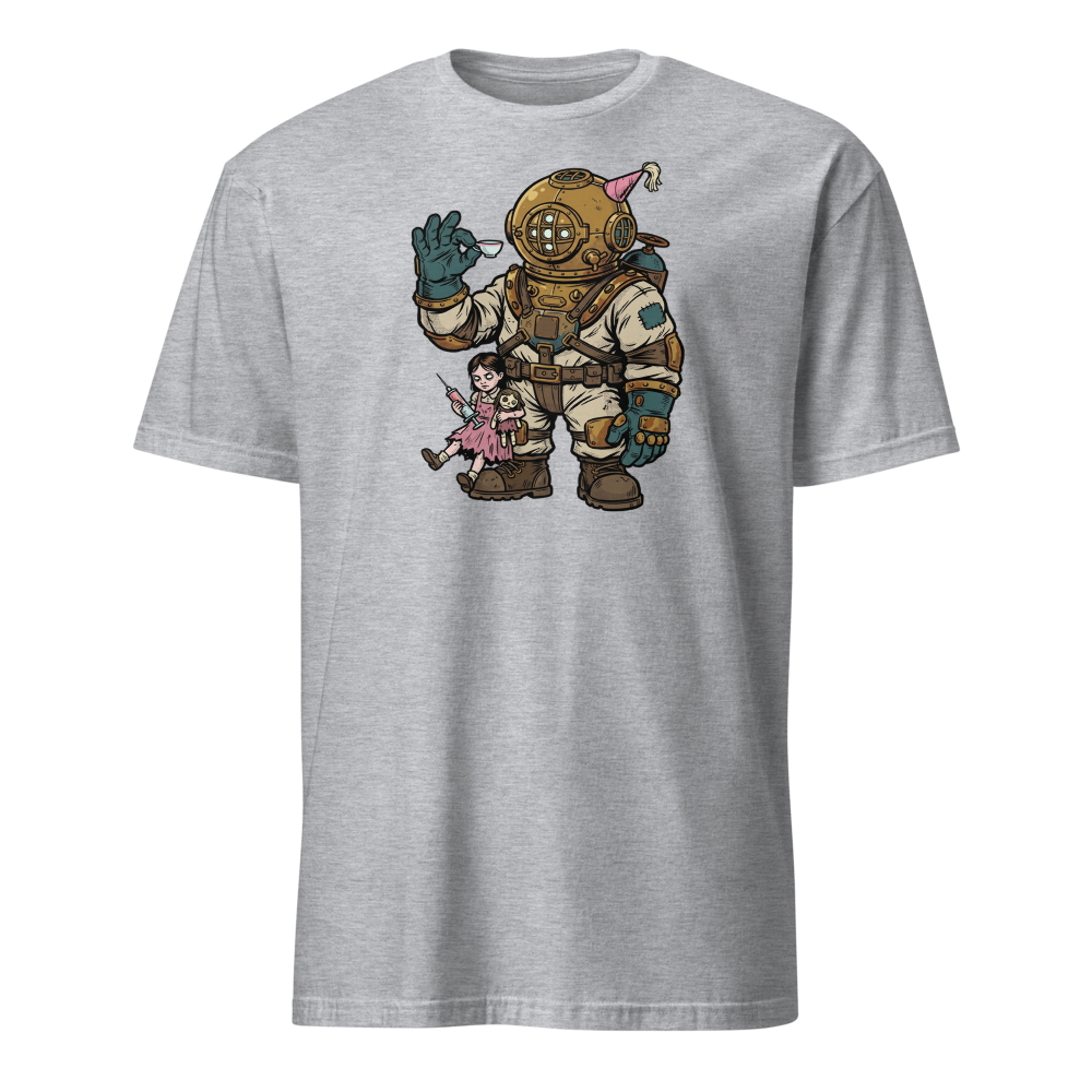 Deep Sea Diver Tea Party Comic Ink Graphic Tee — sport grey front view