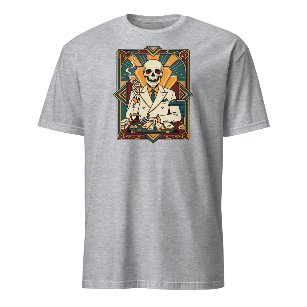 Skeleton Travel Agent Art Deco Noir Tee — sport grey front view