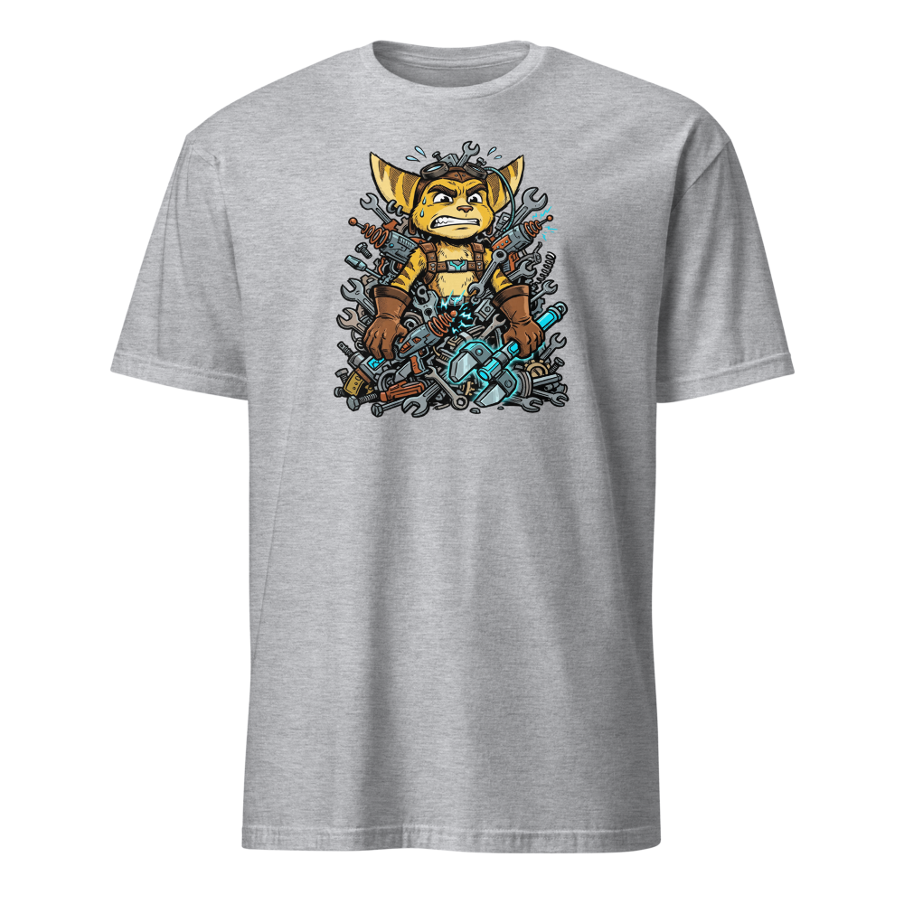 Overwhelmed Space Mechanic Wrench Pile Comic Tee — sport grey front view