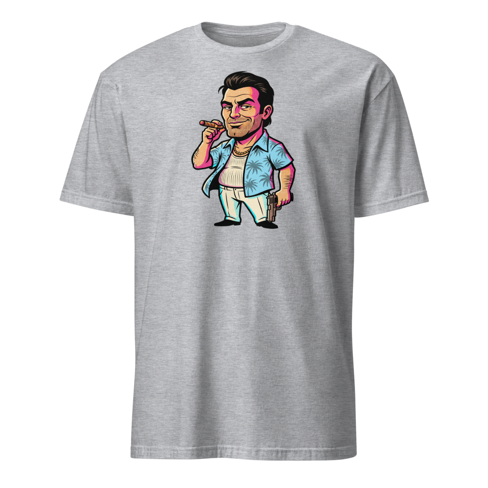 Tropical Mobster Halftone Pop Art Neon Miami Tee — sport grey front view
