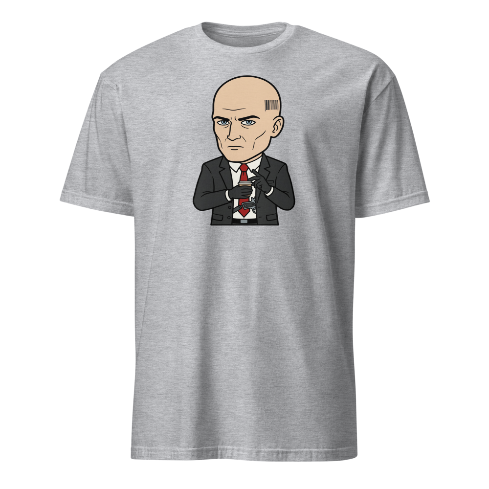 Deadpan Bald Assassin Cappuccino Order Tee — sport grey front view