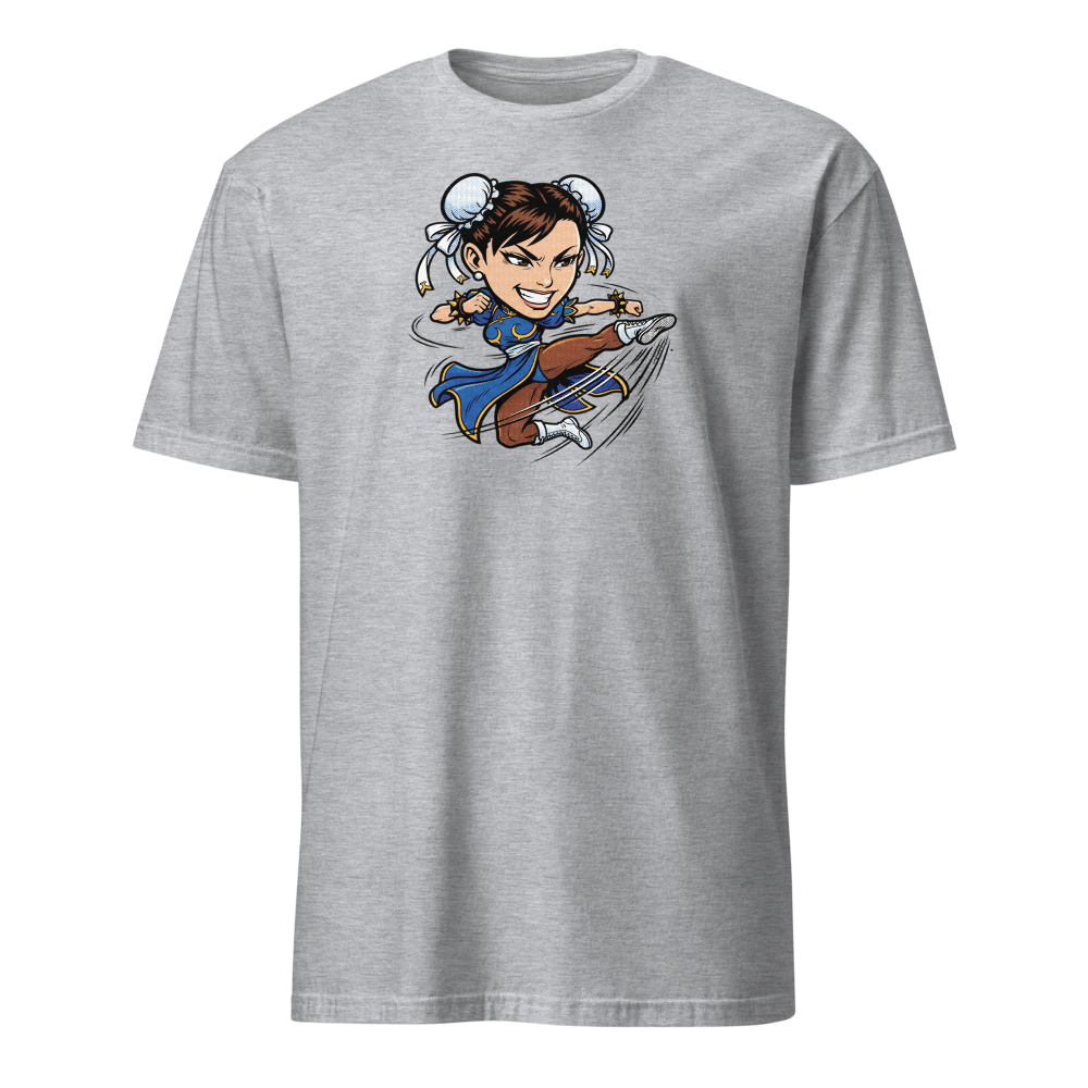 Arcade Fighter Spinning Kick Halftone Pop Art Tee — sport grey front view
