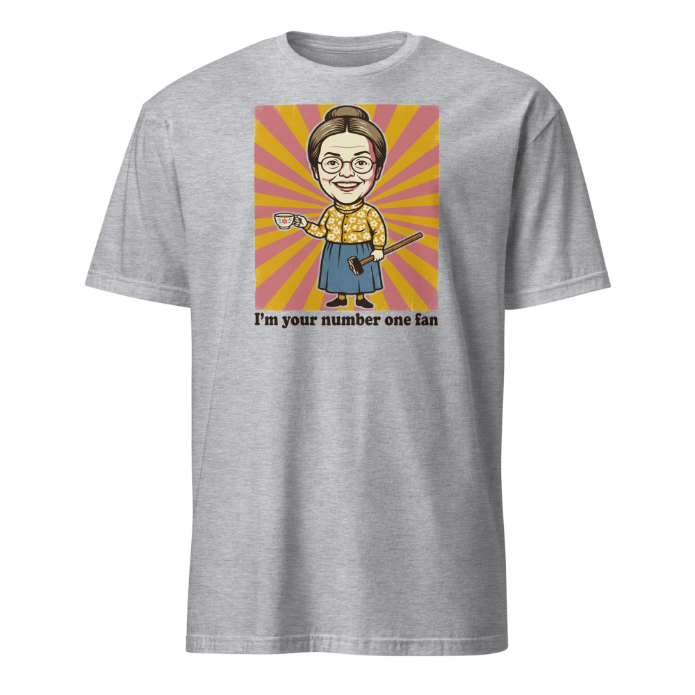 Number One Fan Creepy Housewife Horror Parody Tee — sport grey front view