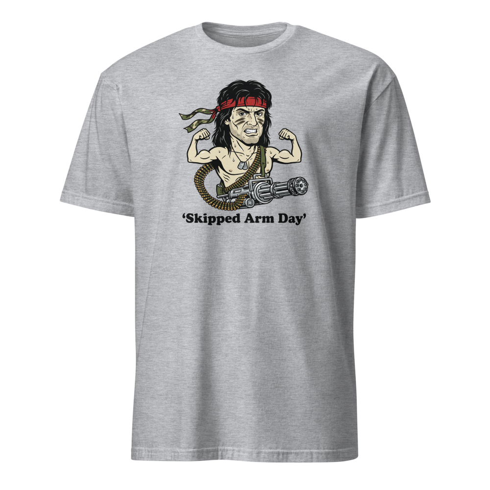 Skipped Arm Day One-Man Army Punk Action Tee — sport grey front view