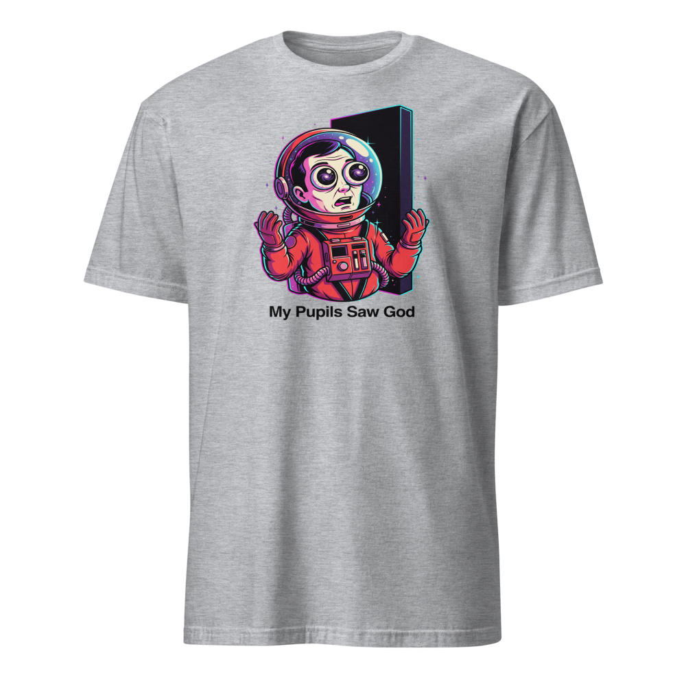 Cosmic Astronaut Monolith Neon Sci-Fi Parody Tee — sport grey front view