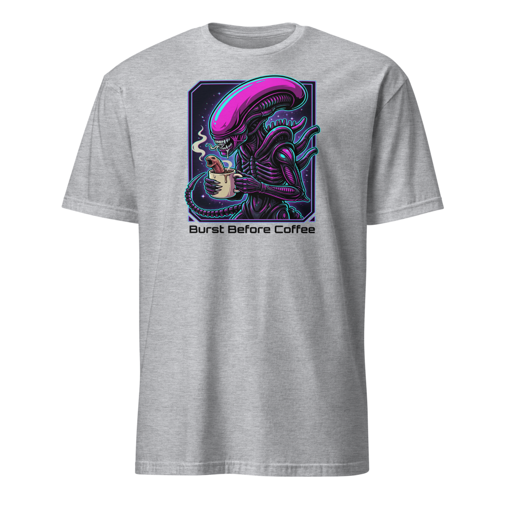 Burst Before Coffee Cyberpunk Alien Horror Tee — sport grey front view
