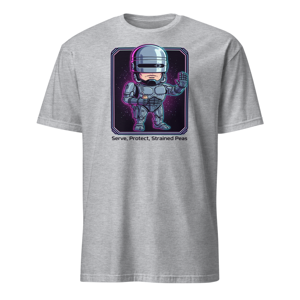 Cyborg Cop Strained Peas Cyberpunk Parody Tee — sport grey front view