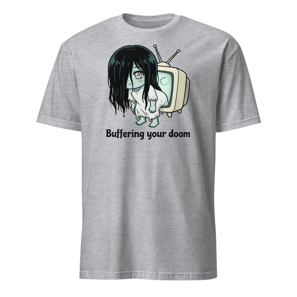 Buffering Your Doom Chibi Kawaii Horror Ghost Tee — sport grey front view