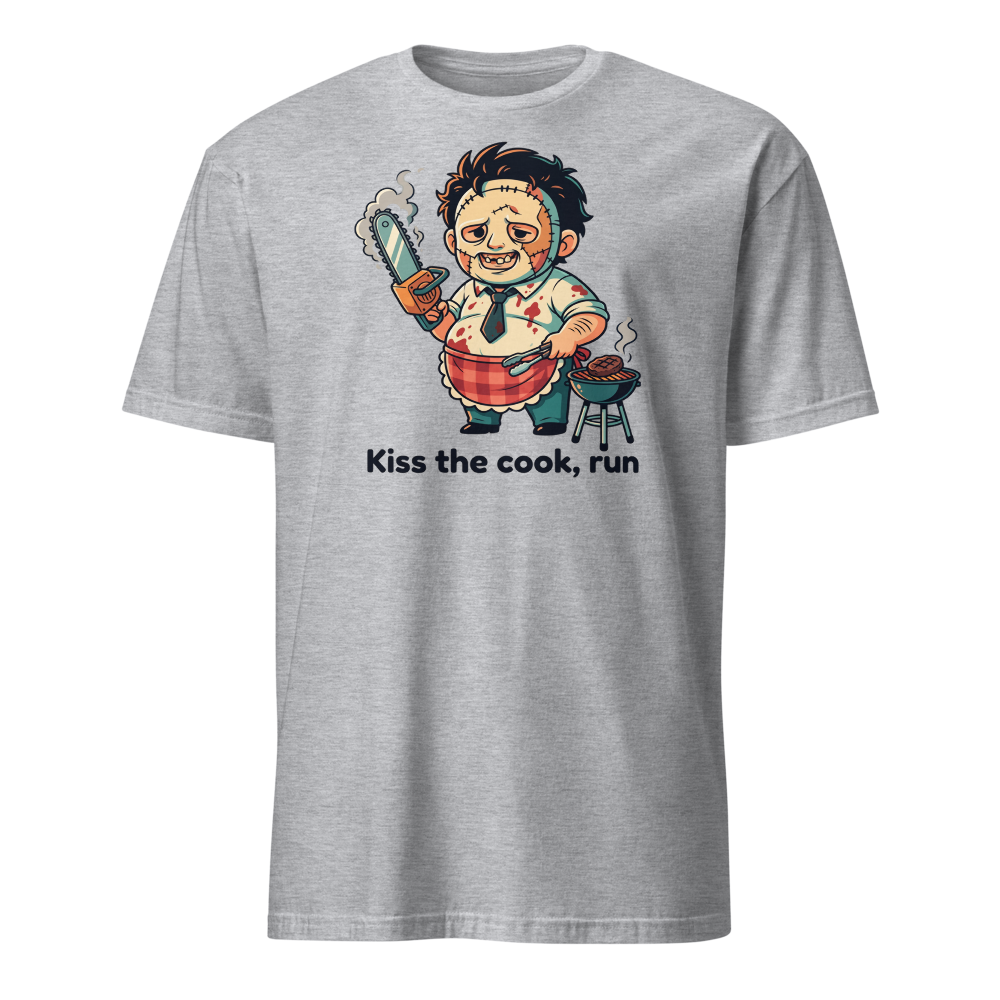 Chibi Slasher Grill Dad Chainsaw BBQ Horror Tee — sport grey front view