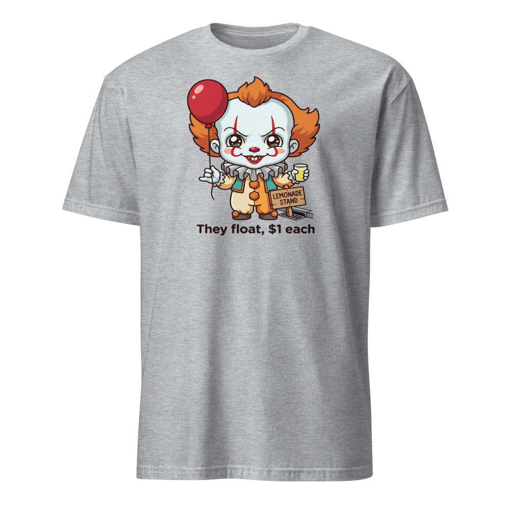 Chibi Creepy Clown Lemonade Stand Horror Parody Tee — sport grey front view