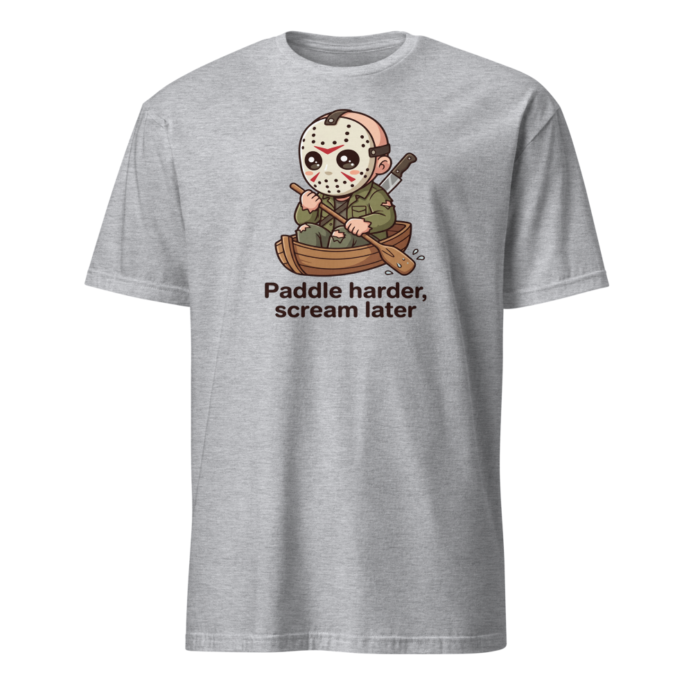 Chibi Slasher Camp Canoe Horror Parody Tee — sport grey front view
