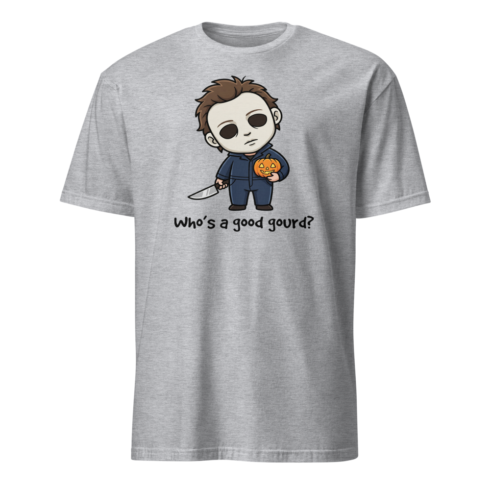 Confused Puppy Slasher Chibi Pumpkin Halloween Tee — sport grey front view