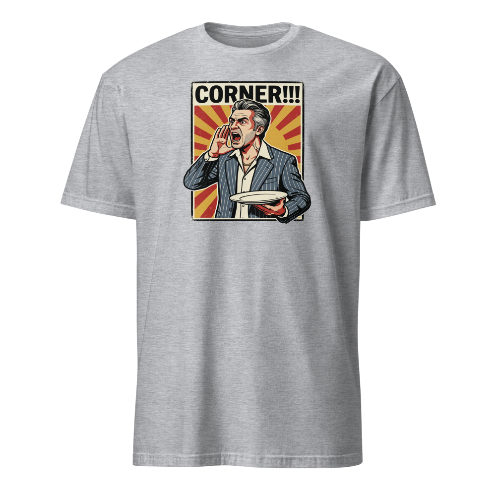 Corner Screaming Waiter Propaganda Fine Dining Tee — sport grey front view