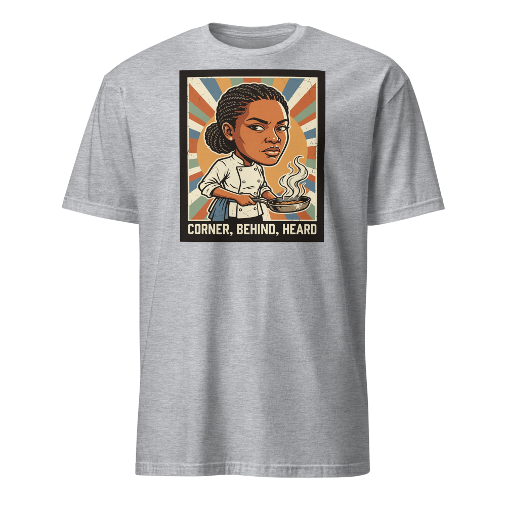 Side-Eye Chef Propaganda Screenprint Kitchen Tee — sport grey front view