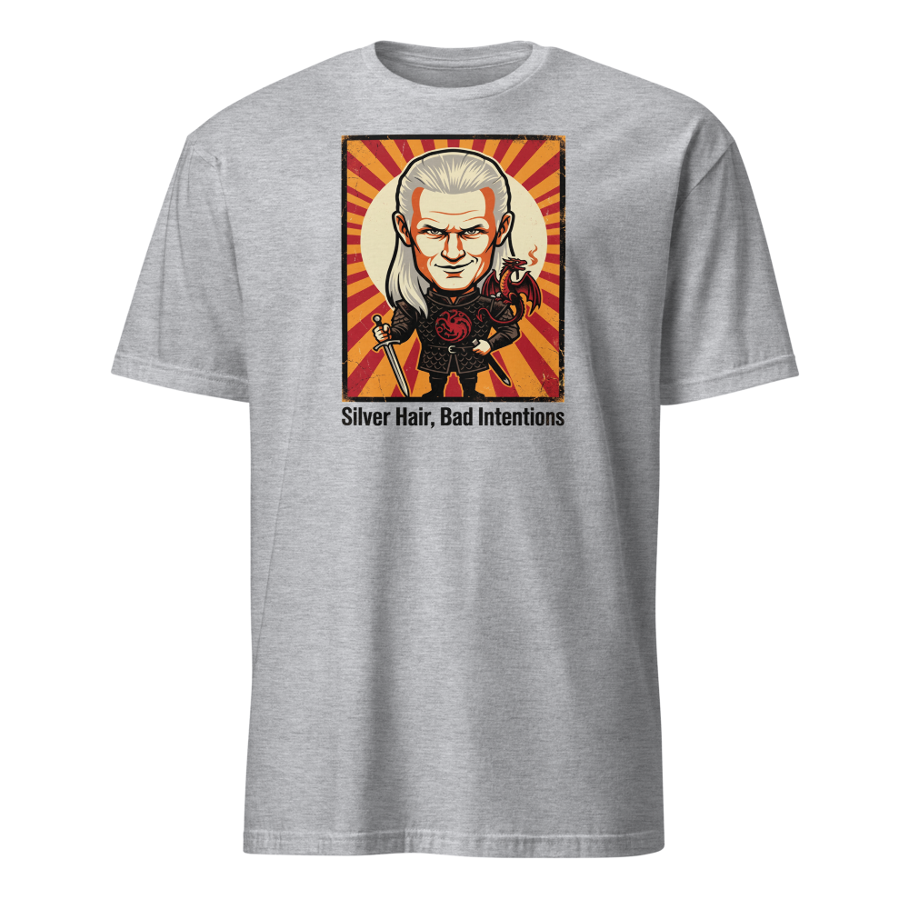 Silver Hair Bad Intentions Rogue Prince Dragon Tee — sport grey front view
