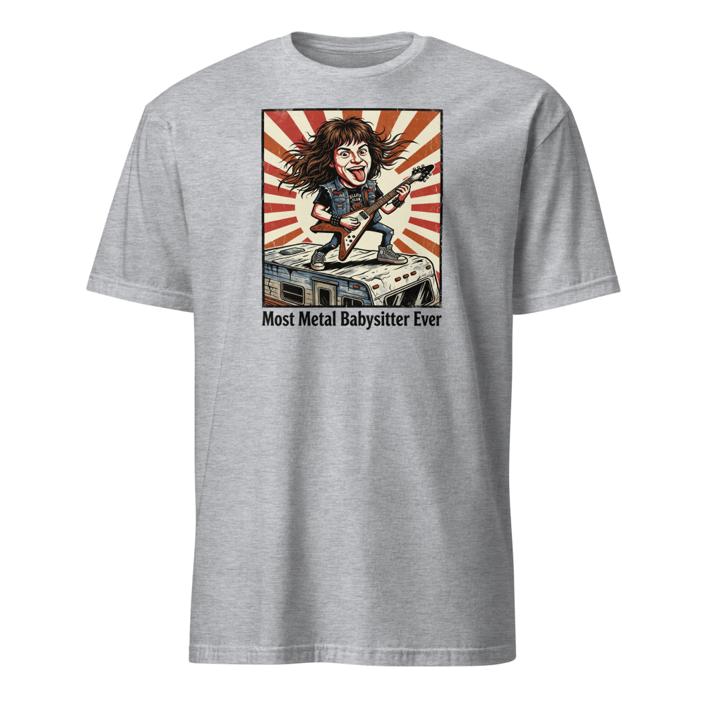 Most Metal Babysitter Ever Flying V Shredder Tee — sport grey front view