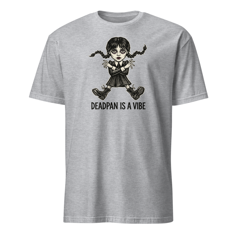 Deadpan Goth Dance Puppet Blackwork Linocut Tee — sport grey front view