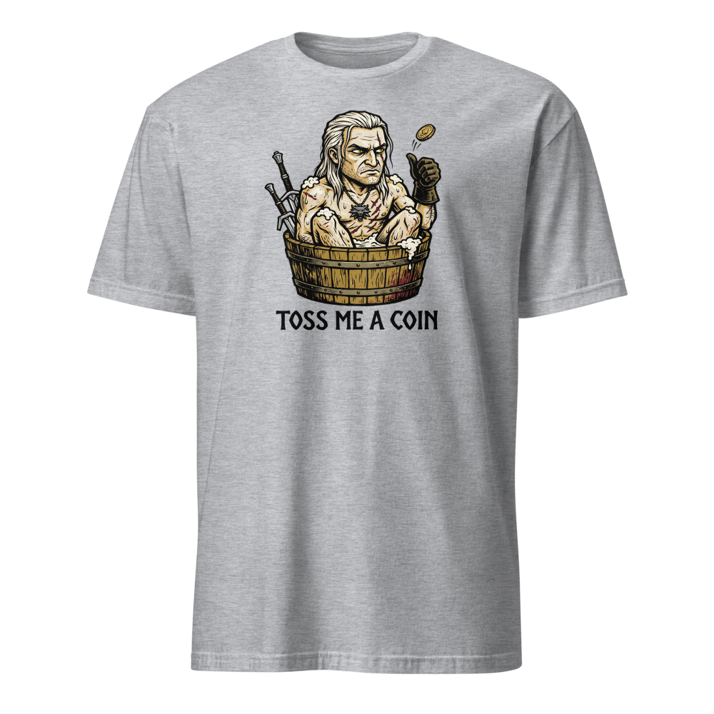 Grumpy Monster Hunter Bathtub Coin Toss Woodcut Tee — sport grey front view