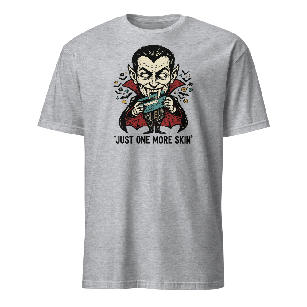 Microtransaction Vampire Woodcut Gaming Meme Tee — sport grey front view