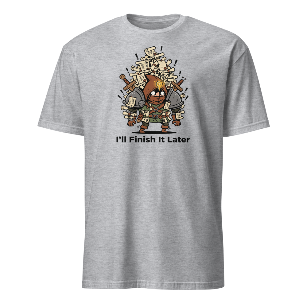 Side Quest Hoarder Retro RPG Gamer Tee — sport grey front view