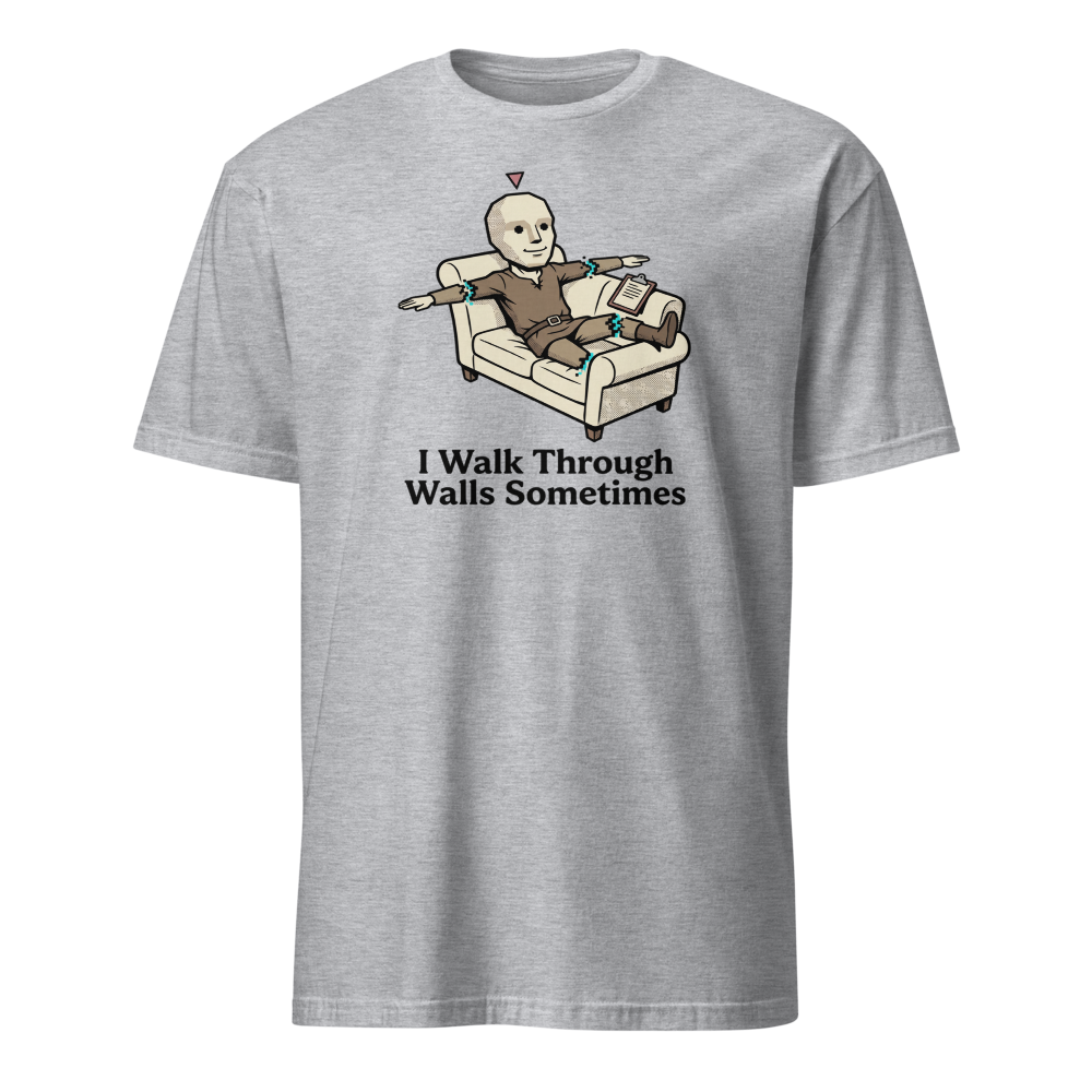 Glitched NPC Therapy Couch Wall-Walk Gamer Tee — sport grey front view