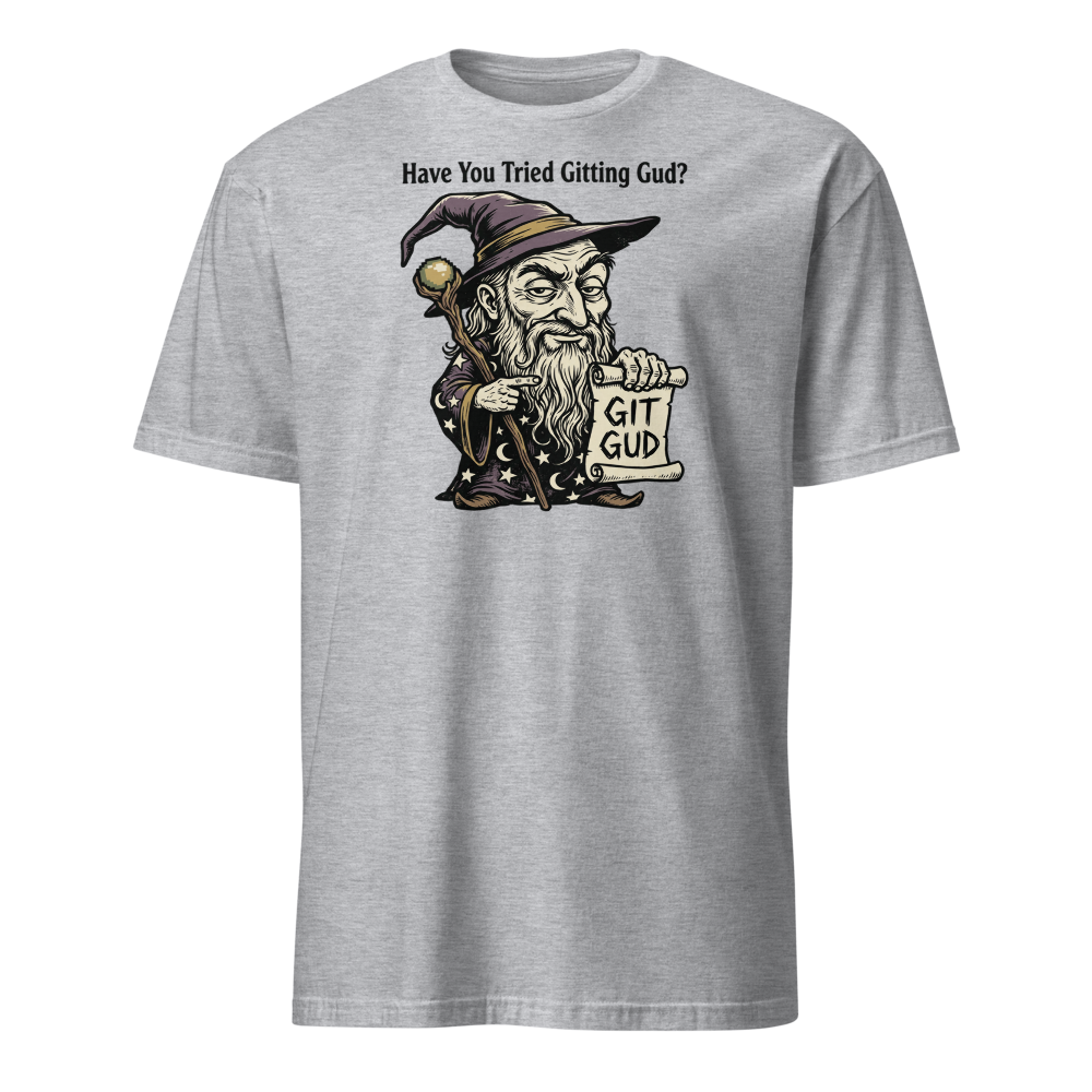 Git Gud Wizard Mentor Woodcut Gamer Meme Tee — sport grey front view