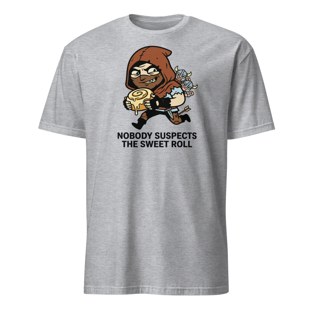 Nobody Suspects The Sweet Roll Retro RPG Thief Tee — sport grey front view