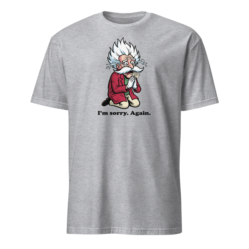 Mad Scientist Sorry Again Retro Boss Parody Tee — sport grey front view