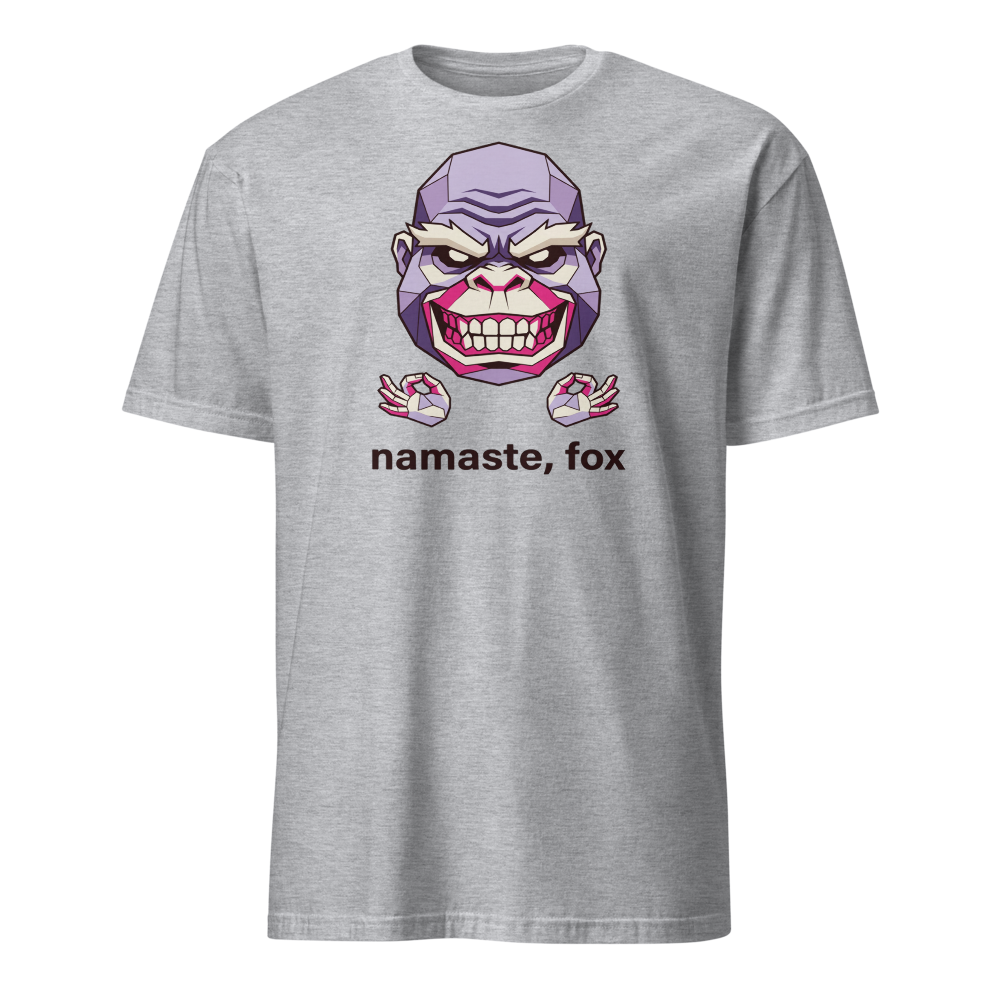 Namaste Fox Meditating Ape Boss Low Poly Tee — sport grey front view