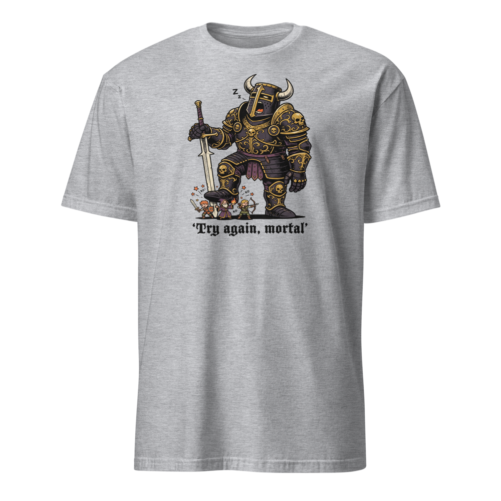 Try Again Mortal Optional Superboss RPG Tee — sport grey front view