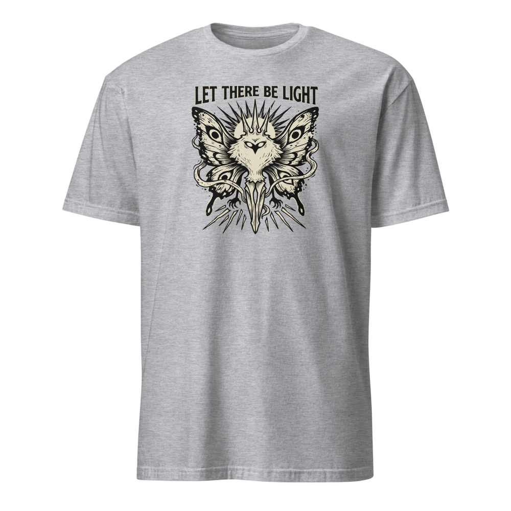 Moth Goddess Blackwork Linocut Let There Be Light Tee — sport grey front view