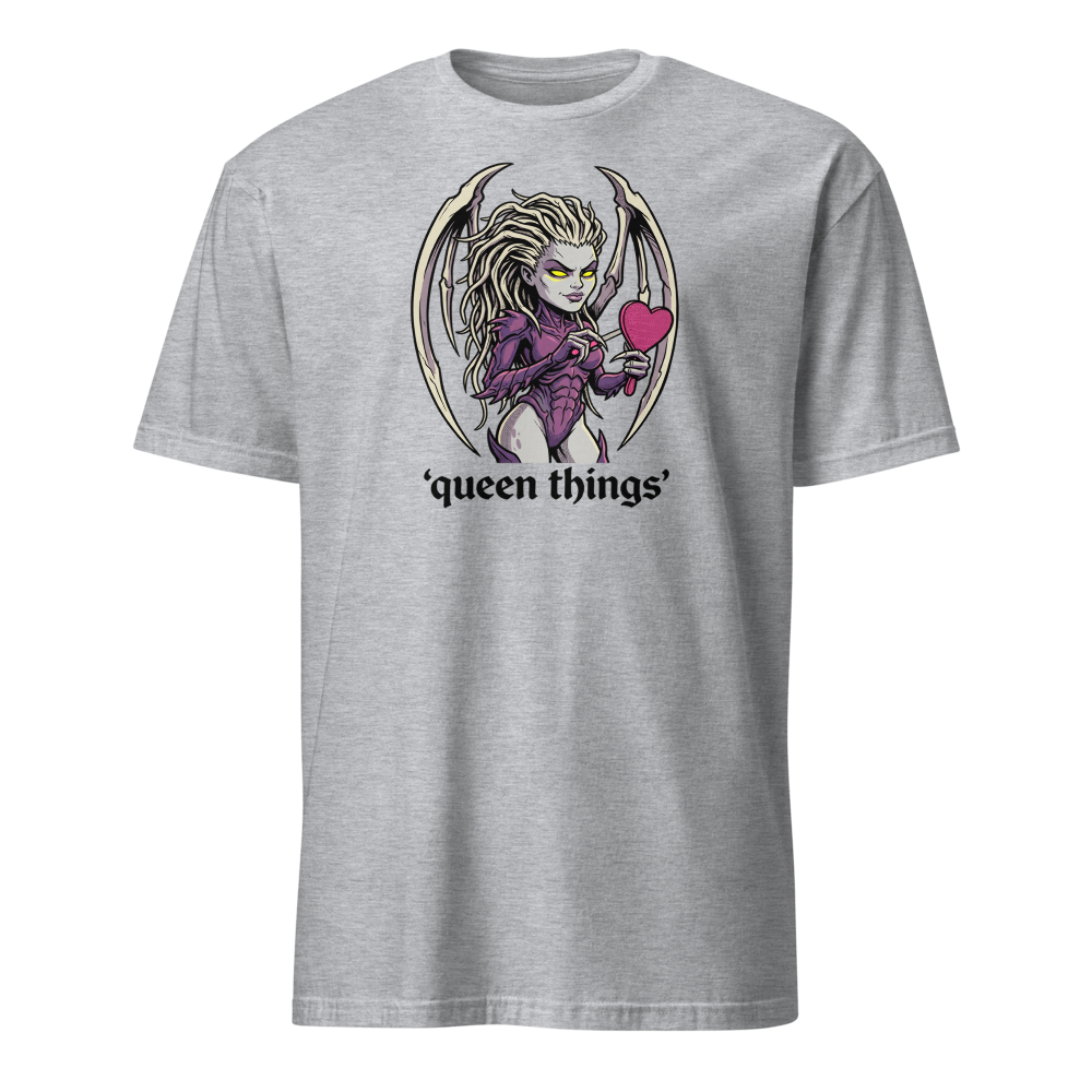 Queen Things Bone-Blade Vanity Boss Comic Ink Tee — sport grey front view