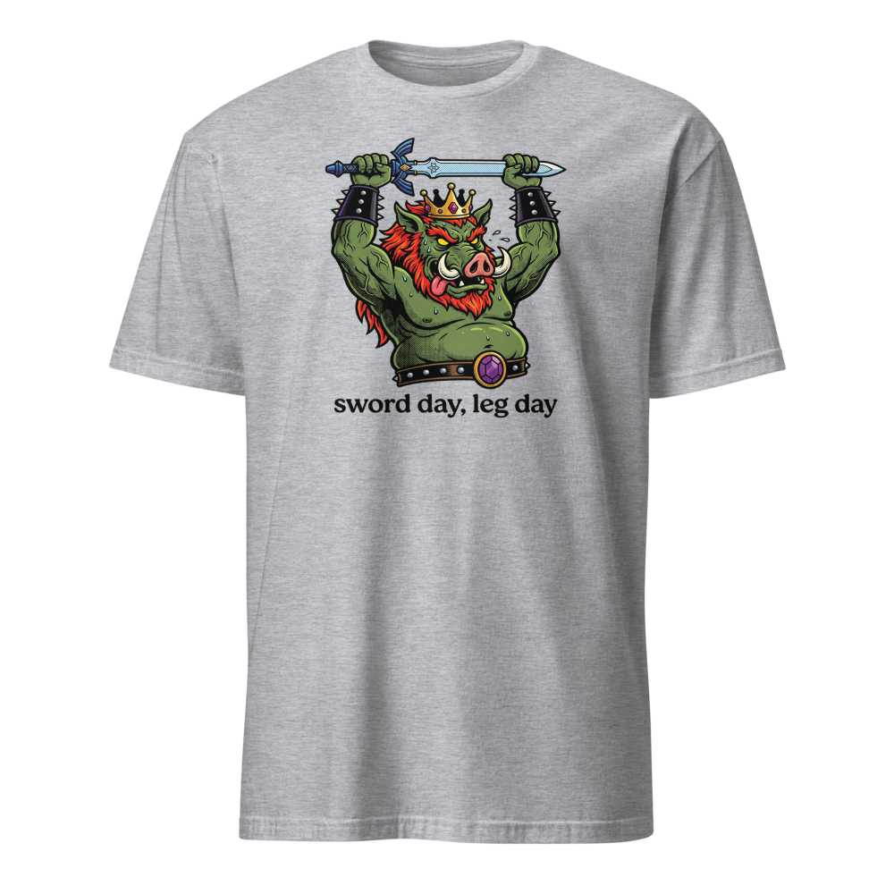 Sword Day Leg Day Boar King Boss Workout Tee — sport grey front view