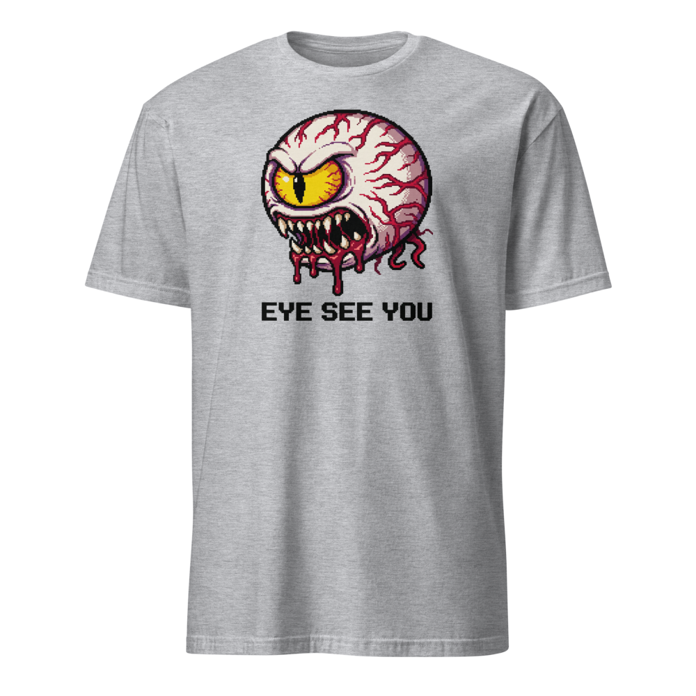 Eye See You Retro Pixel Boss Eyeball Gamer Tee — sport grey front view