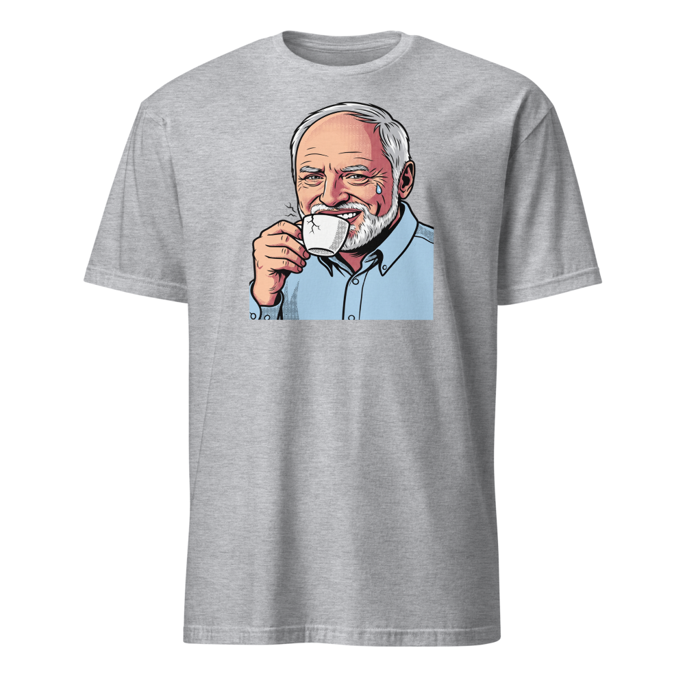Fake Smile Coffee Guy Halftone Pop Art Meme Tee — sport grey front view