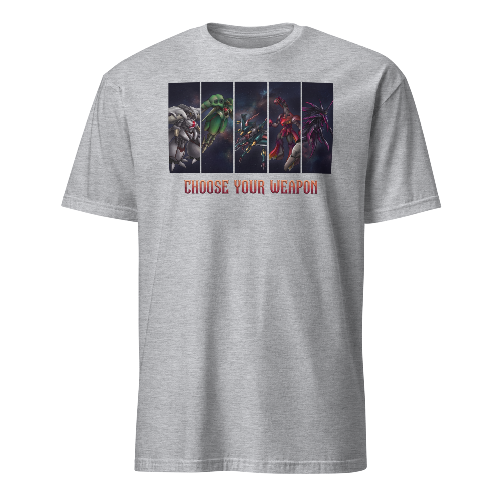 Choose Your Weapon Retro RPG Boss Roster Tee — sport grey front view