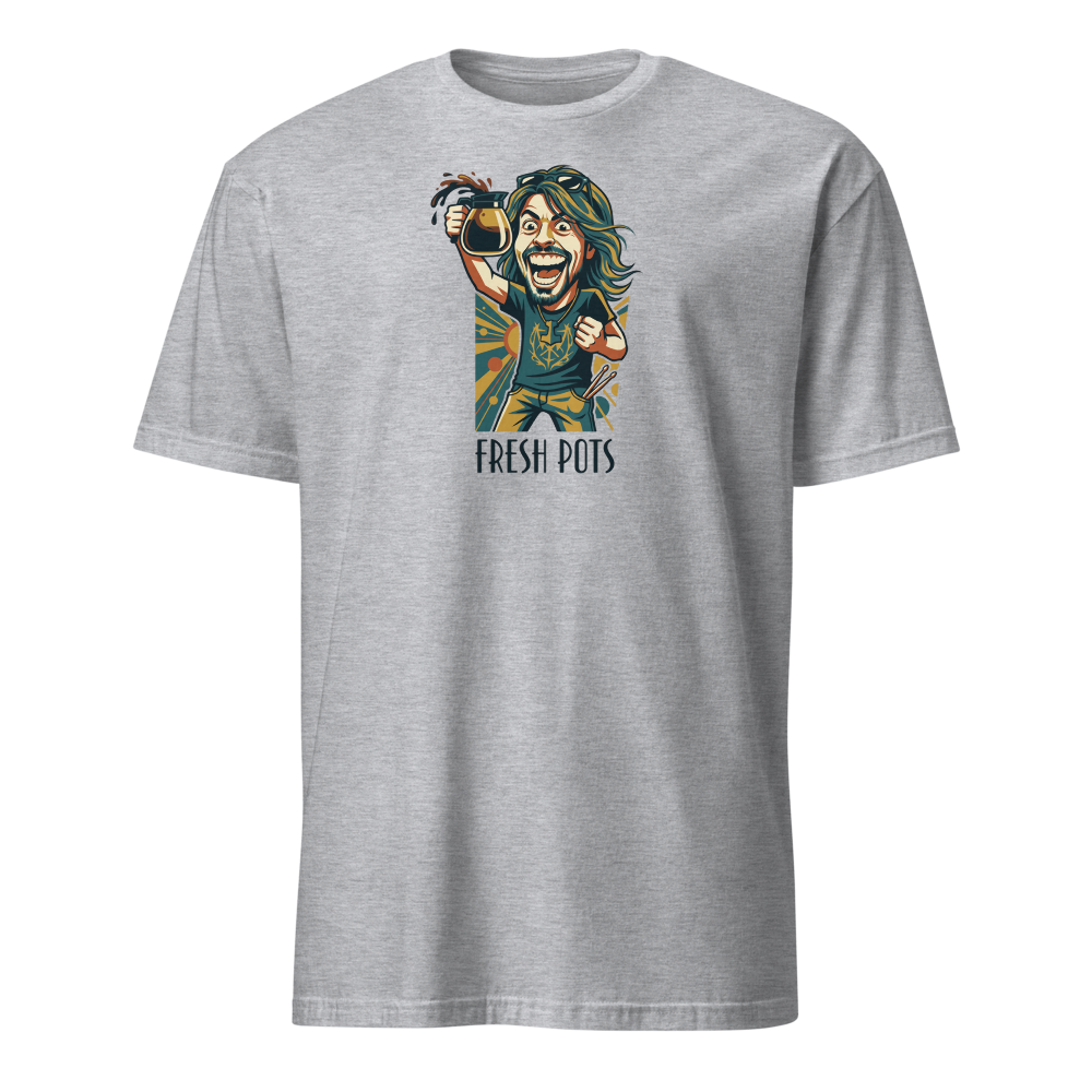 Fresh Pots Coffee Fueled Rock Drummer Art Deco Poster Tee — Classic Tee — sport grey front view