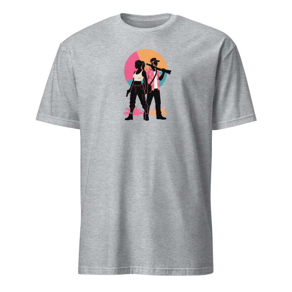 Outlaw Couple Neon Sunset Crime Duo Graphic Tee — sport grey front view