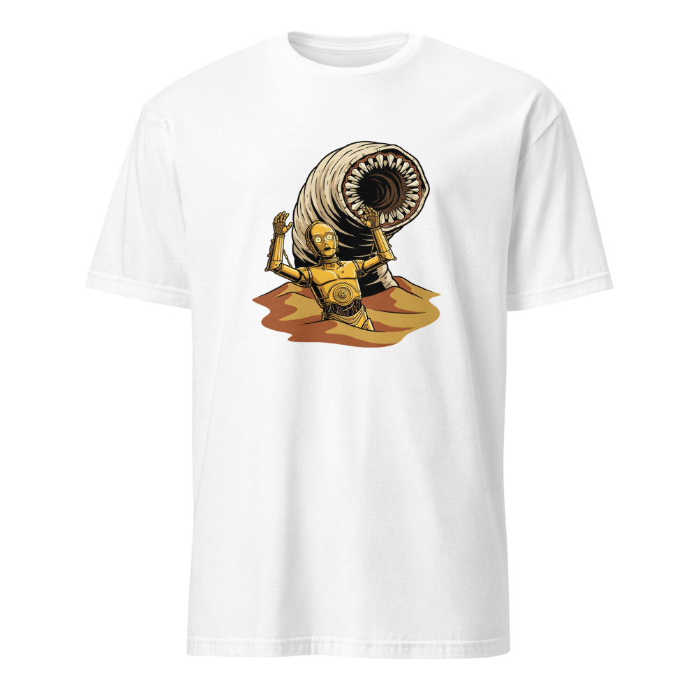 Golden Protocol Droid Desert Worm Peril Comic Tee — Men's Basic Tee — white front view