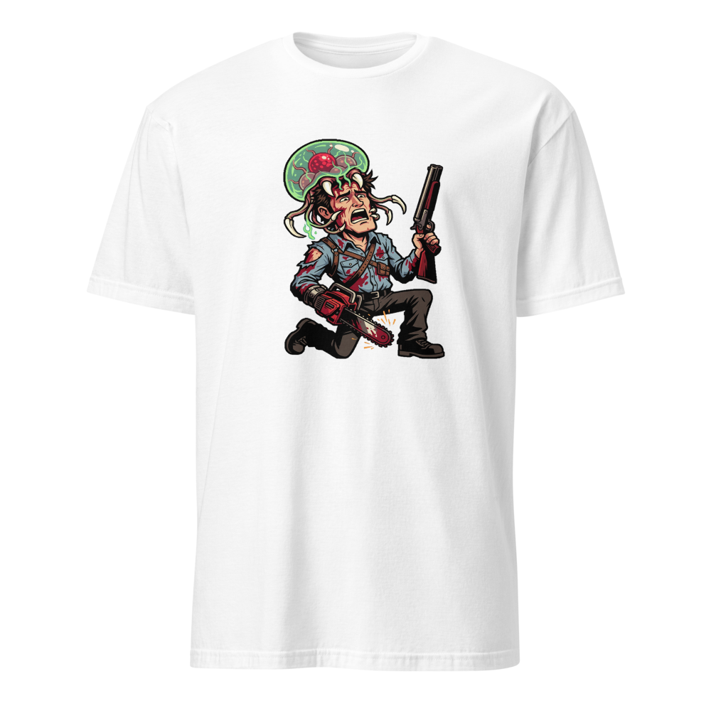 Cabin Horror Survivor vs Space Parasite Pixel Tee — Men's Basic Tee — white front view