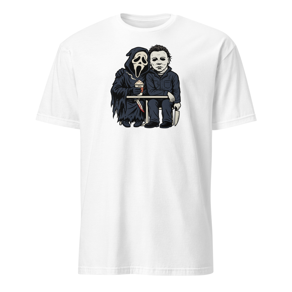 Masked Slashers Pumpkin Spice Latte Horror Tee — Men's Basic Tee — white front view