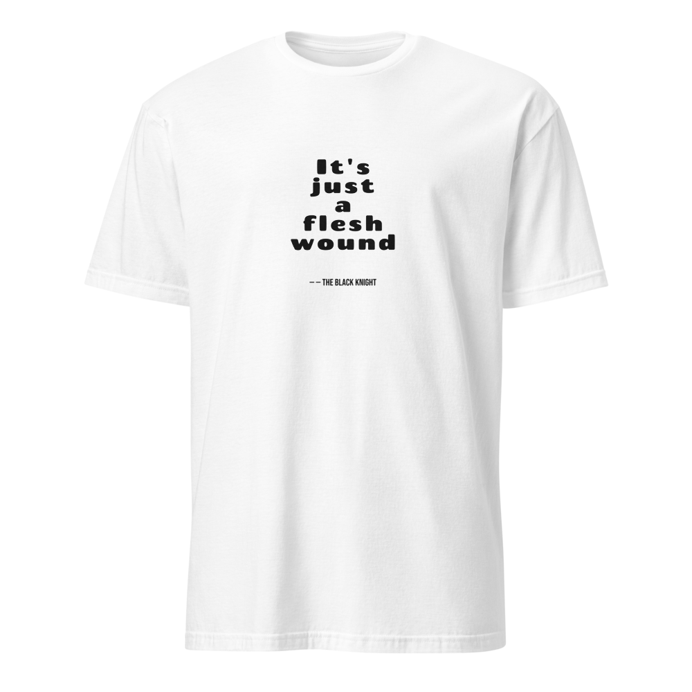 Flesh Wound Cult Comedy Quote Tee — Men's Basic Tee — white front view