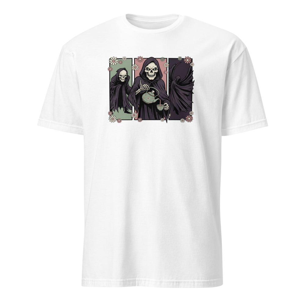 Skull Sorcerer Tea Time Comic Triptych Tee — white front view