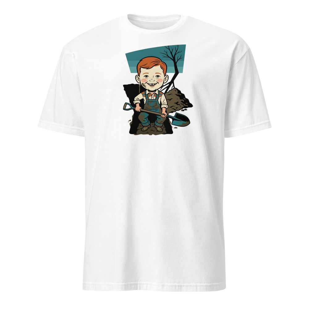 Suspicious Backyard Digger Vintage Poster Tee — white front view