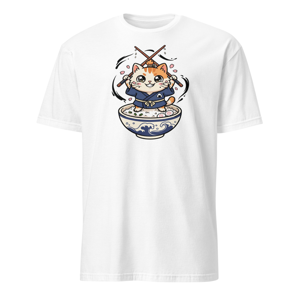 Chibi Ronin Chef Cat Chopstick Katana Anime Tee — white front view