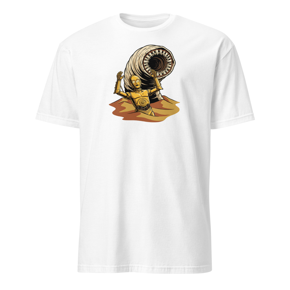 Golden Protocol Droid Desert Worm Peril Comic Tee â€” White front view