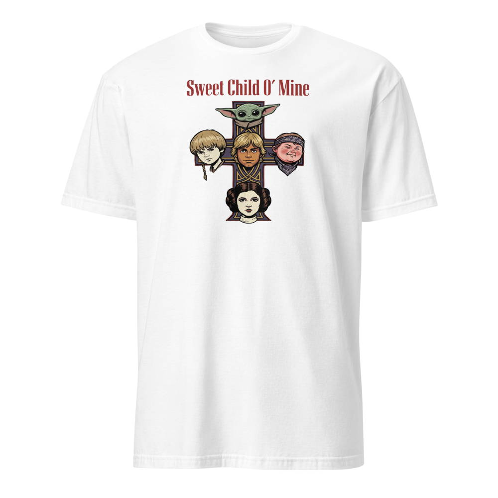 Sweet Child Sci-Fi Rock Cross album Parody Tee — white front view